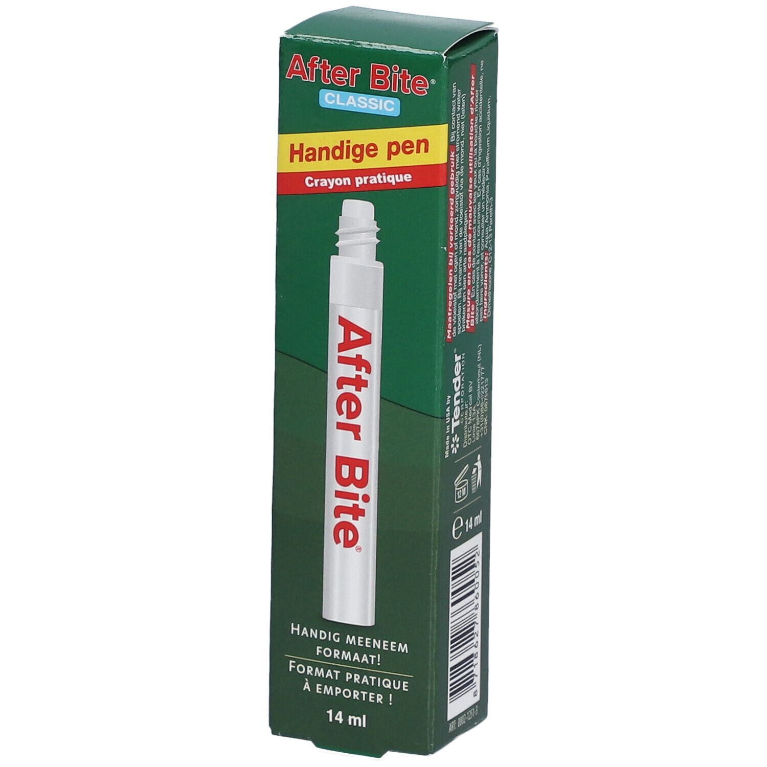 Boîte verte avec stylo blanc. Inscription After Bite et Handige pen. 14 ml.