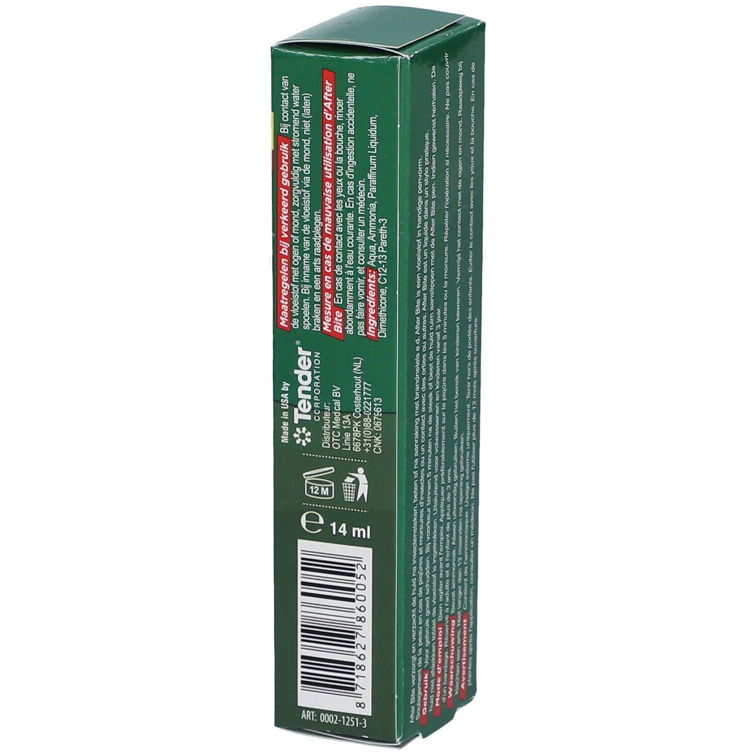 Boîte verte avec texte. Ingrédients et informations du fabricant. After Bite. 14 ml.