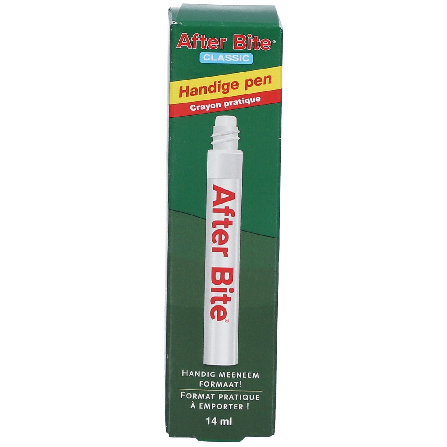 Boîte verte avec stylo blanc. After Bite, Handige pen. 14 ml.