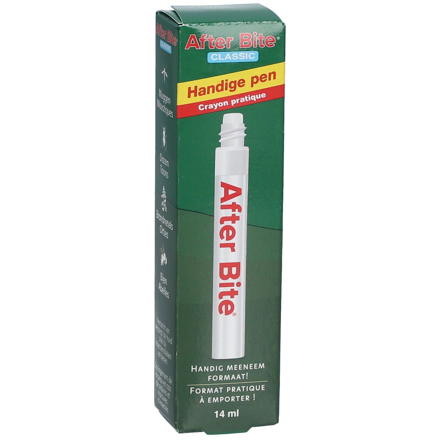 Boîte verte avec stylo blanc. After Bite, Handige pen. 14 ml.