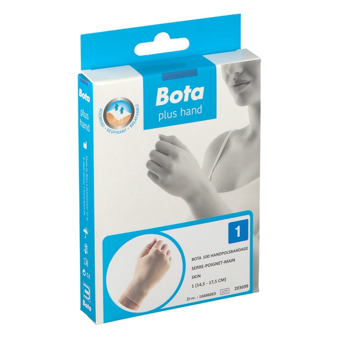 Emballage Bota plus hand. Inscription : Bota 100 attelle poignet-main, couleur peau, taille 1 (14,5-17,5 cm).