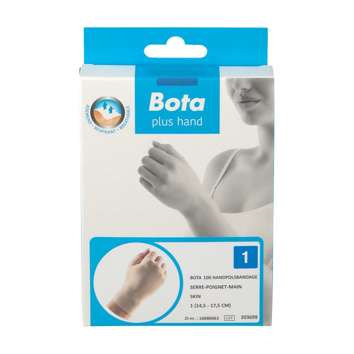 Emballage Bota plus hand. Inscription : Bota 100 attelle poignet-main, couleur peau, taille 1 (14,5-17,5 cm).