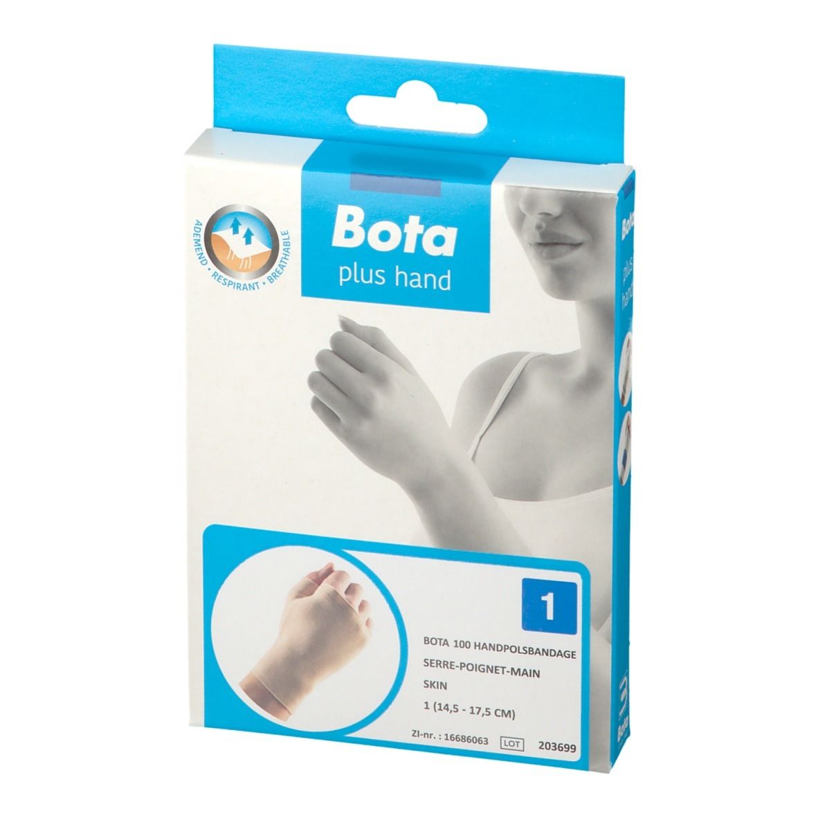 Emballage Bota plus hand. Inscription : Bota 100 attelle poignet-main, couleur peau, taille 1 (14,5-17,5 cm).