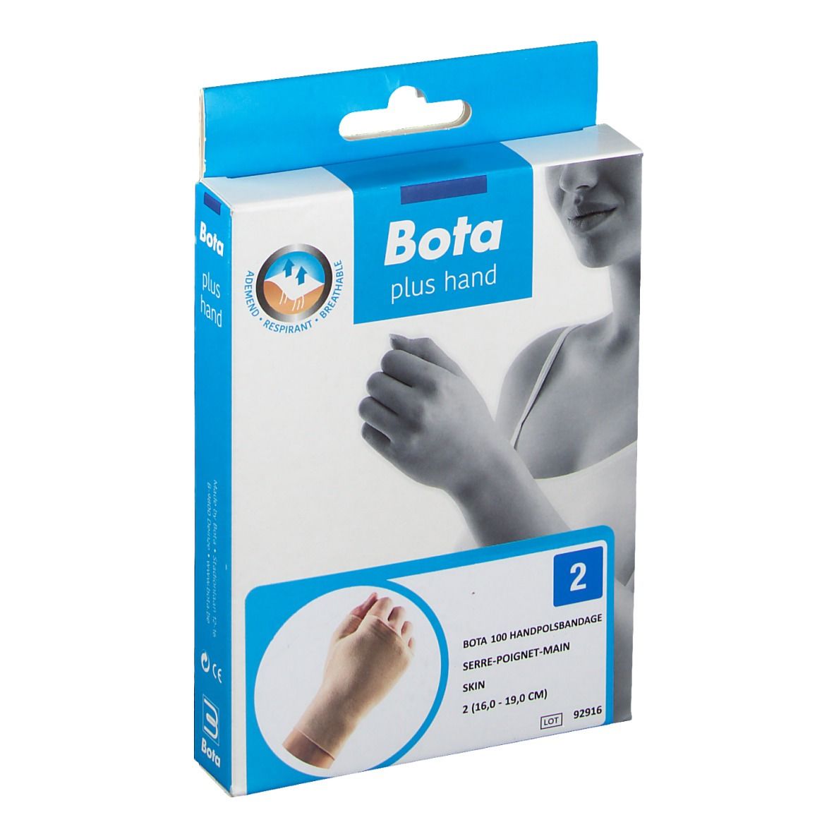 Emballage de la Bota Plus Handgelenkstütze taille 2. Image du produit et informations. Taille 2 (16,0 - 19,0 cm).