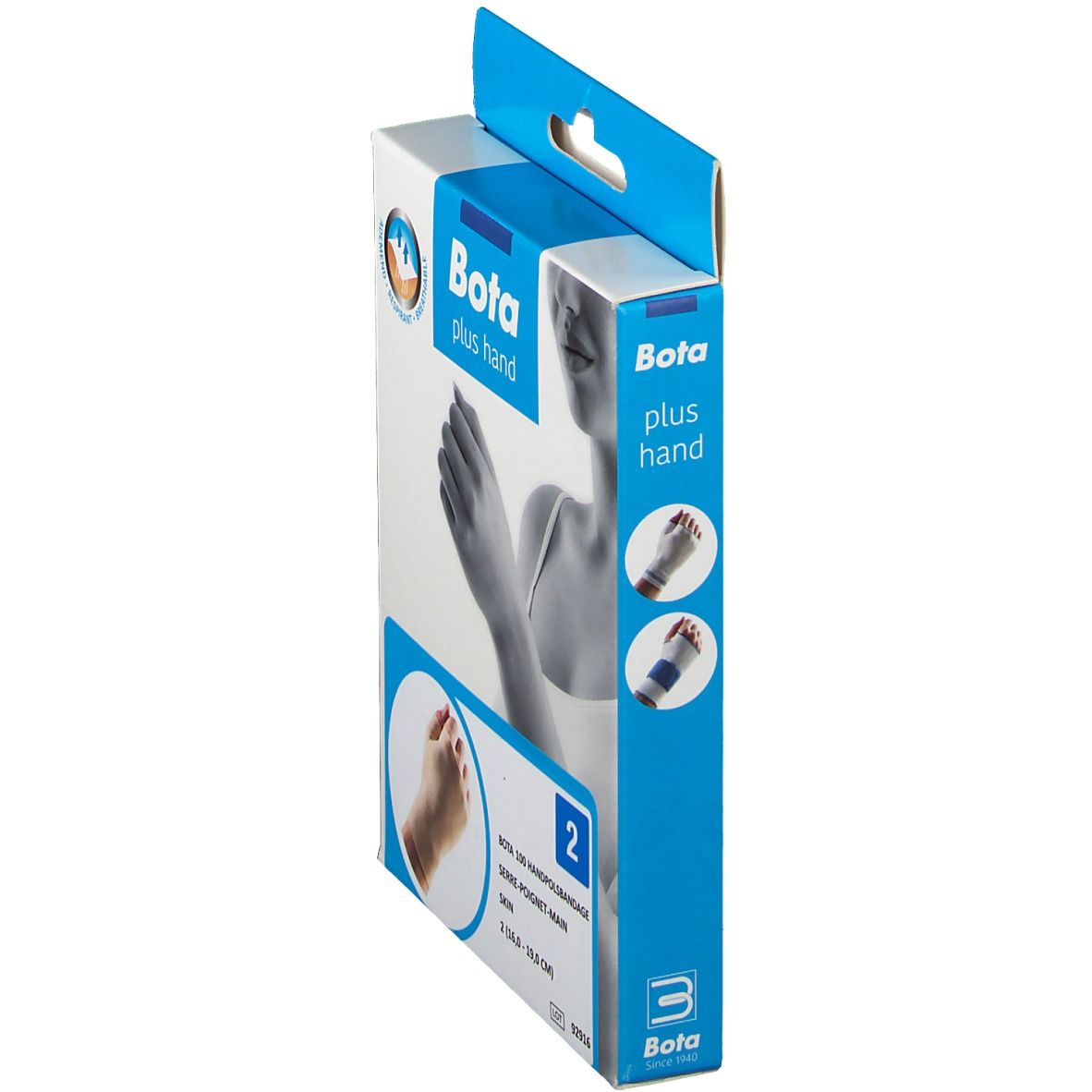 Vue latérale de l'emballage Bota Plus Handgelenkstütze. Affiche des images et informations sur le produit. Taille 2.