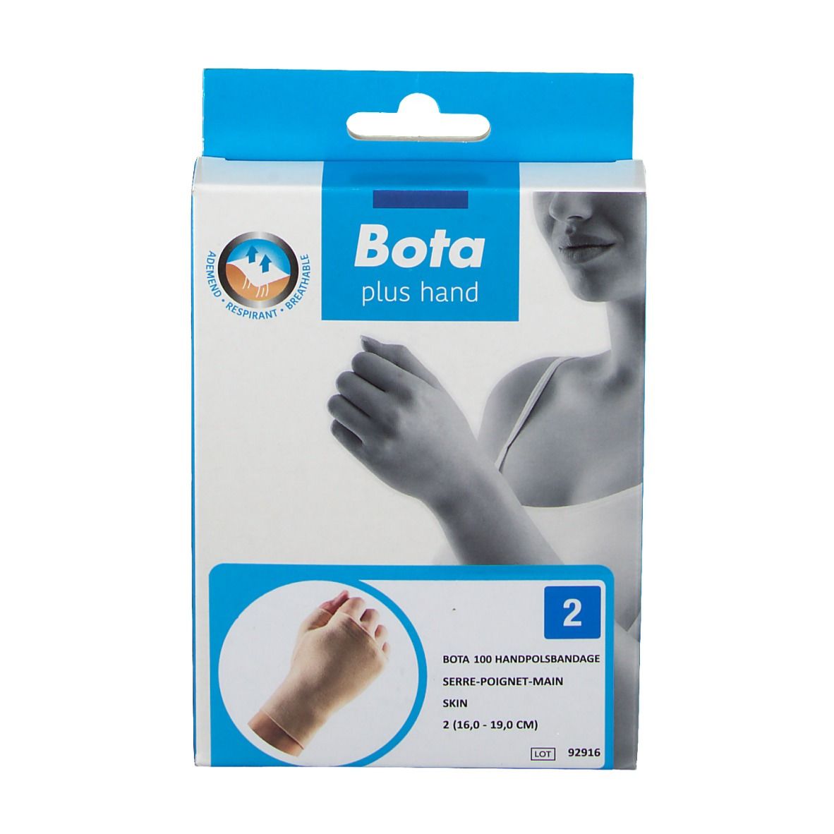 Emballage de la Bota Plus Handgelenkstütze taille 2. Image du produit et informations. Taille 2 (16,0 - 19,0 cm).