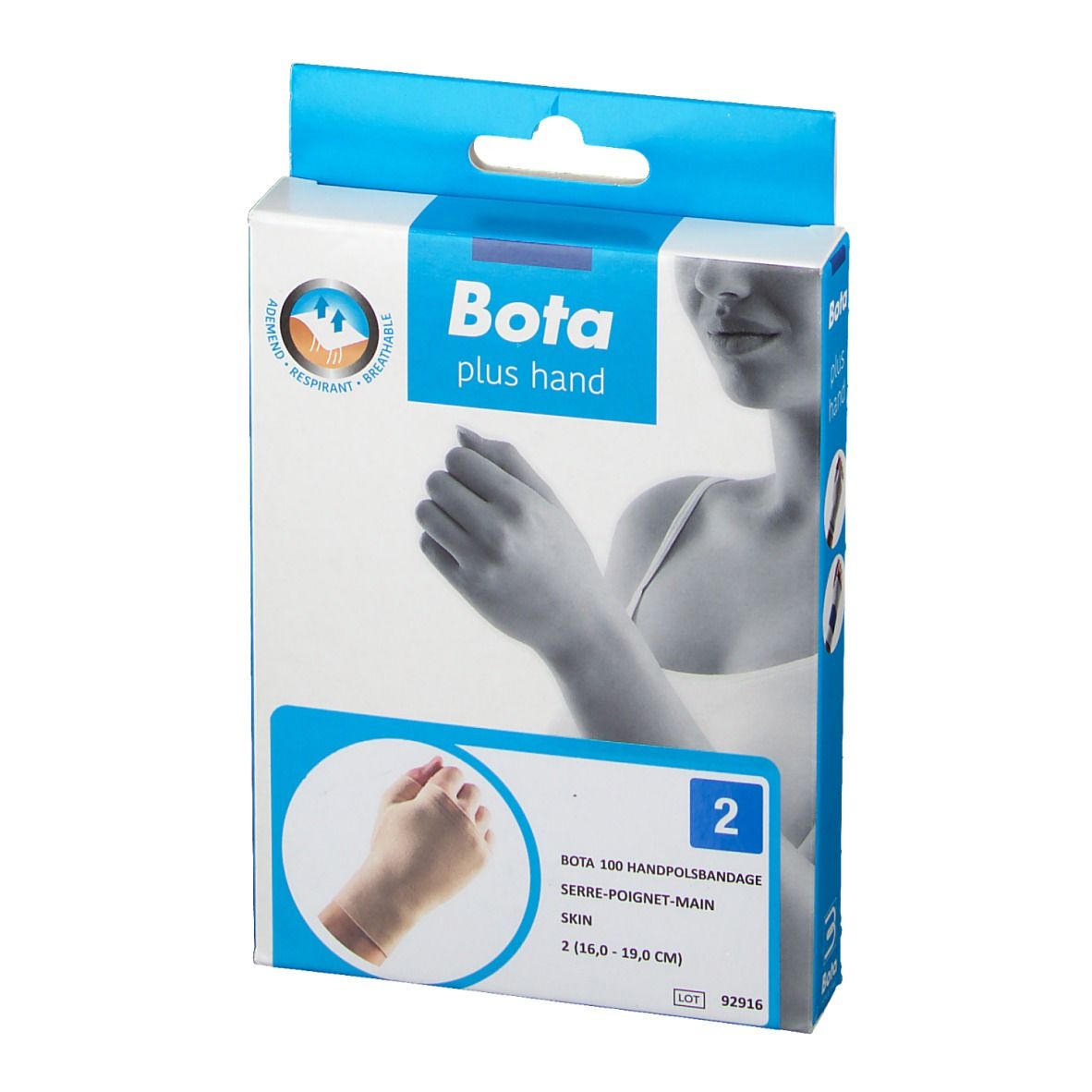 Emballage de la Bota Plus Handgelenkstütze taille 2. Image du produit et informations. Taille 2 (16,0 - 19,0 cm).