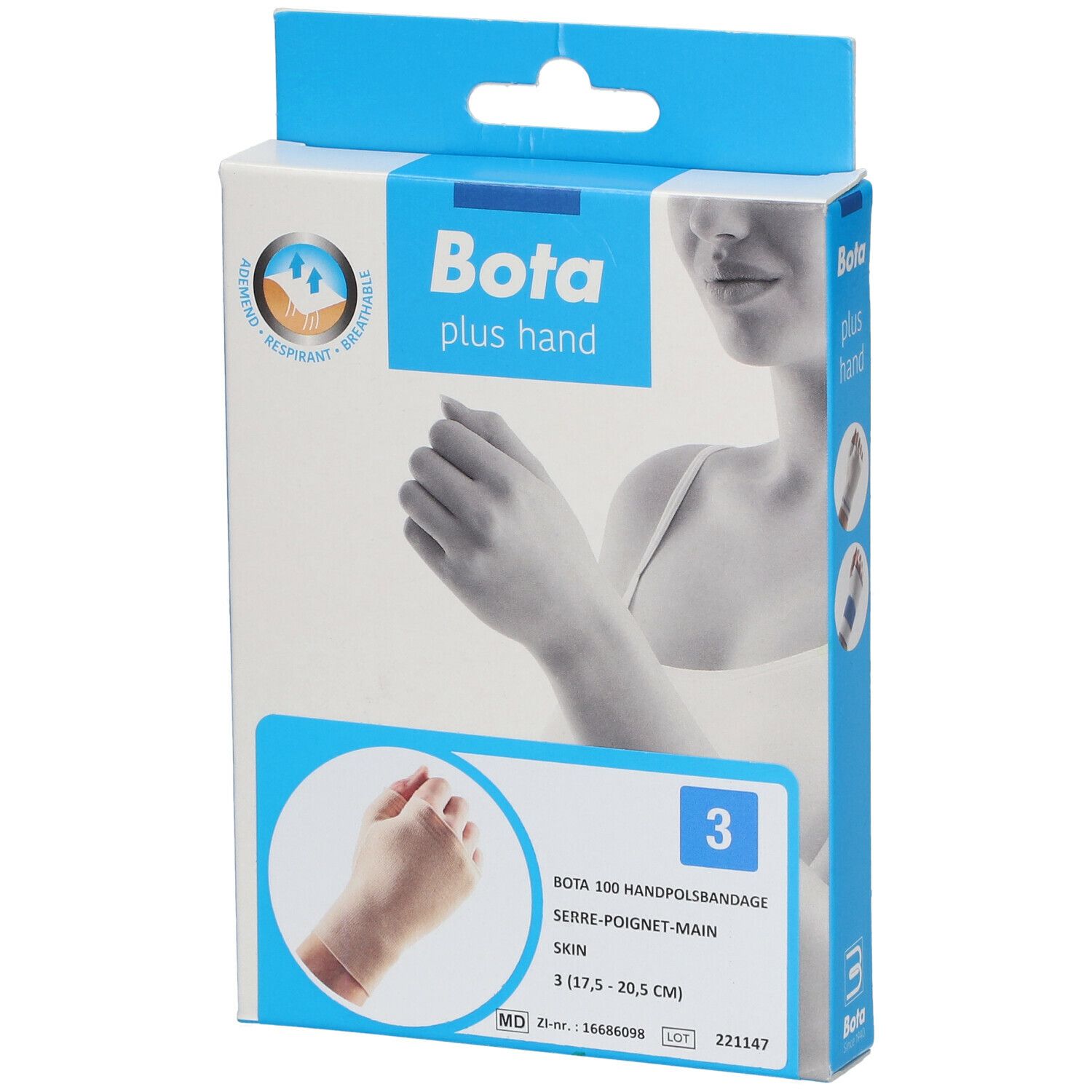 Emballage de l'attelle de poignet Bota Plus taille 3. Inscriptions : Bota, plus hand, taille 3, bandage de la main, peau.