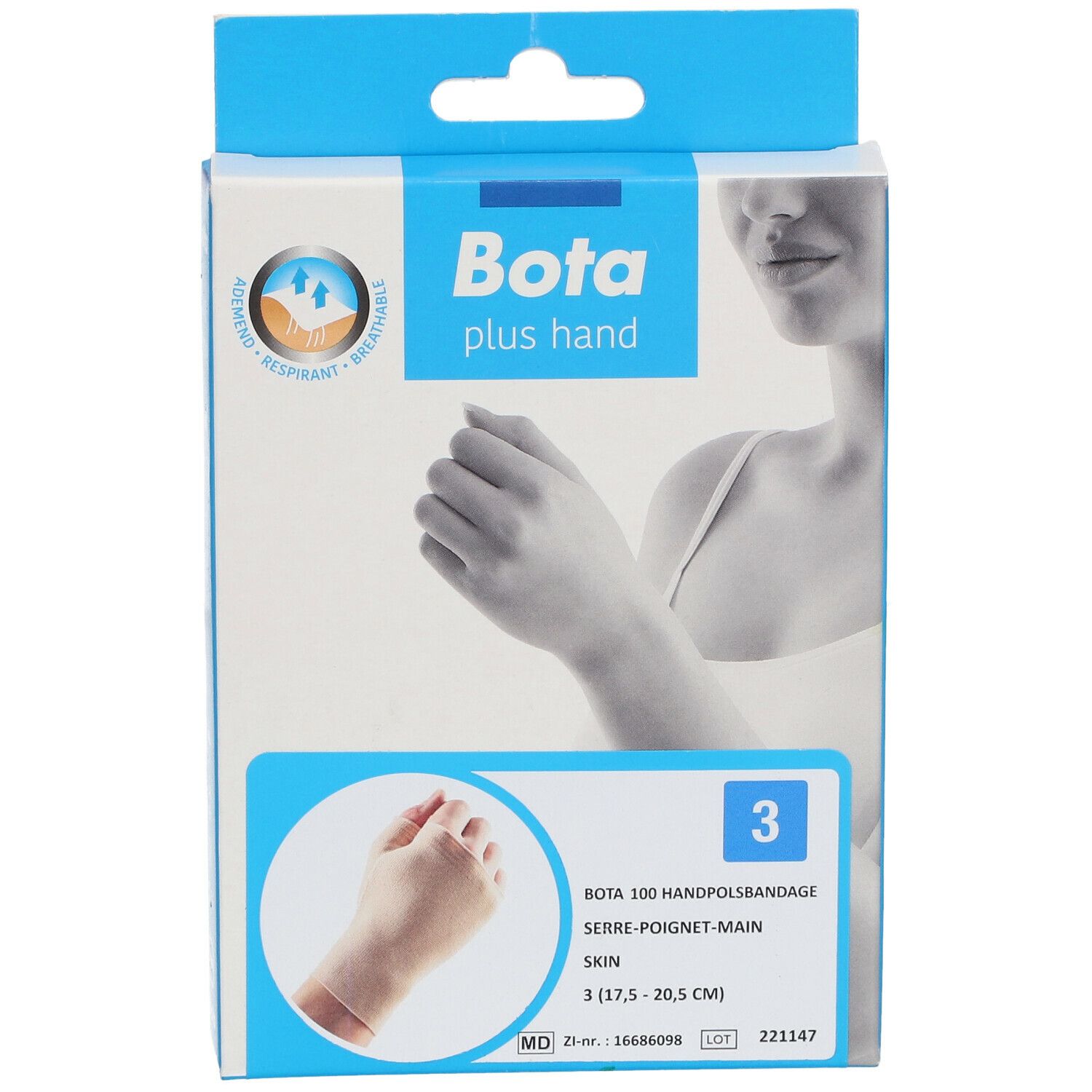 Emballage de l'attelle de poignet Bota Plus taille 3. Inscriptions : Bota, plus hand, taille 3, bandage de la main, peau.