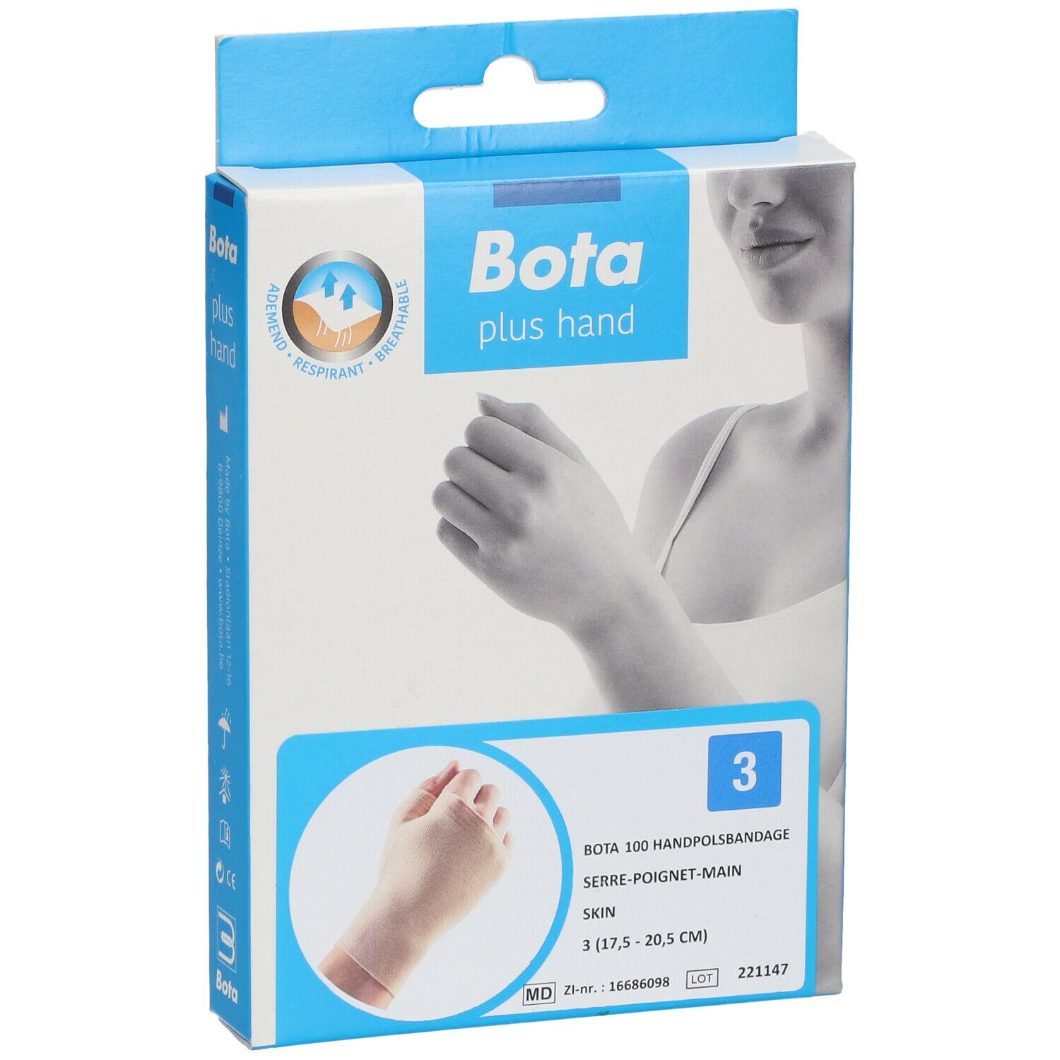 Emballage de l'attelle de poignet Bota Plus taille 3. Inscriptions : Bota, plus hand, taille 3, bandage de la main, peau.