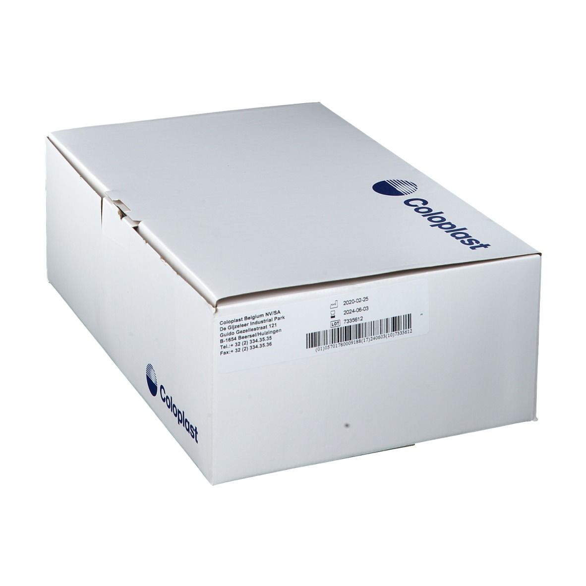 Emballage en carton blanc avec le logo Coloplast. Des informations et un code-barres sont affichés sur le côté. L'emballage est fermé.