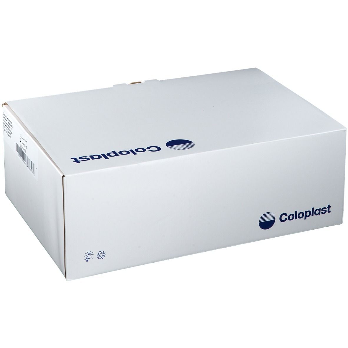 Emballage en carton blanc avec le logo Coloplast. Le logo est affiché sur le dessus. L'emballage est fermé.