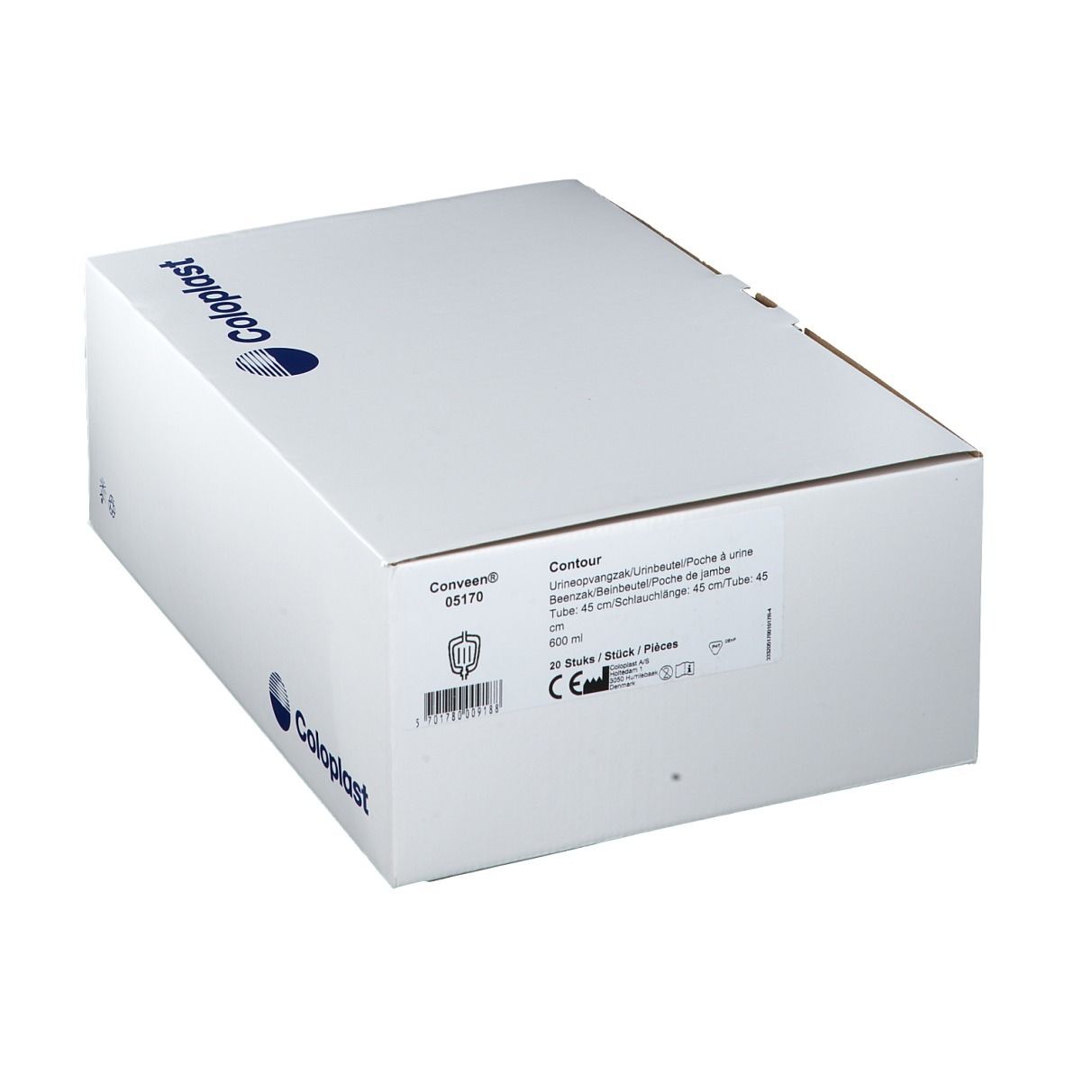 Emballage en carton blanc avec logo Coloplast et informations produit. Le produit est Conveen Contour. L'emballage est fermé.