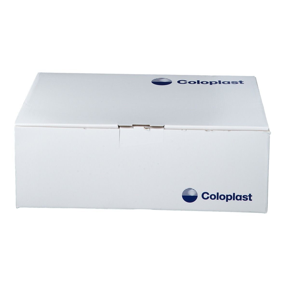 Emballage en carton blanc avec le logo Coloplast. Le logo est affiché sur le dessus. L'emballage est fermé.