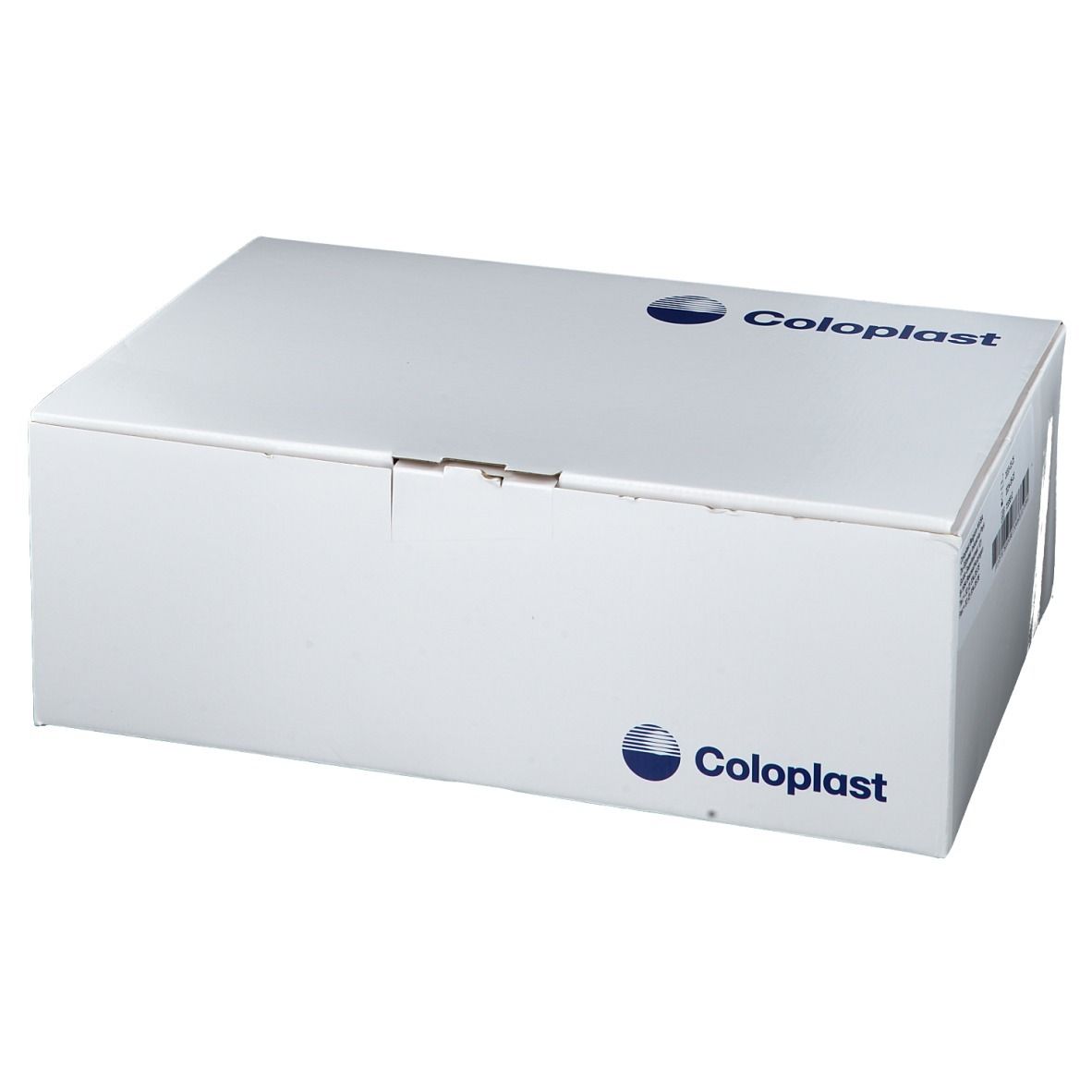 Emballage en carton blanc avec le logo Coloplast. Le logo est affiché sur le dessus. L'emballage est fermé.