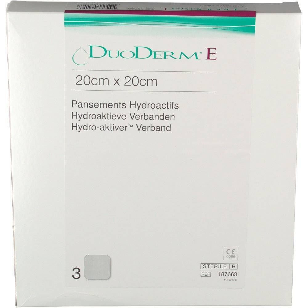 Verpakking van DuoDerm E, 20x20cm. Bevat 3 hydroactieve verbanden. Opschrift: Sterile, REF 187663.