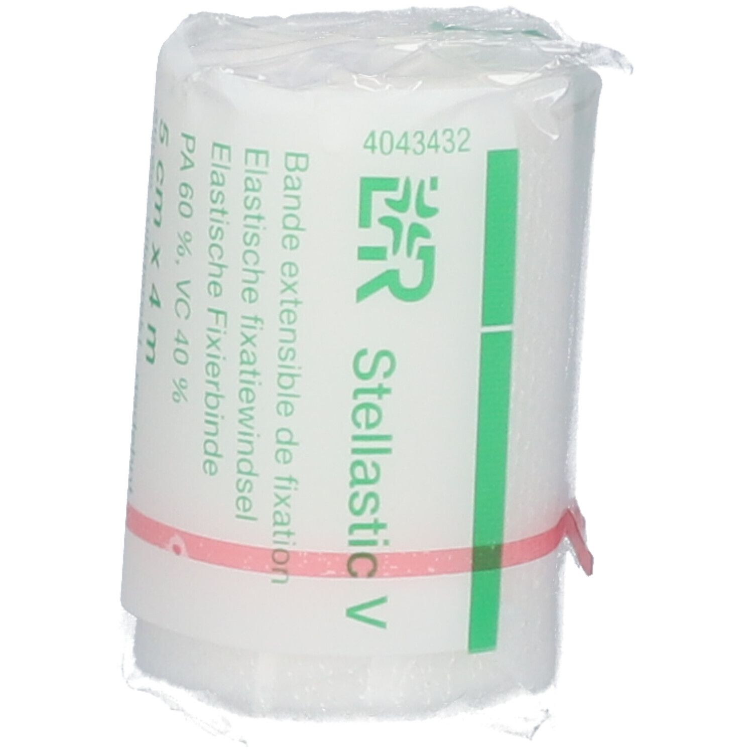 Bande de fixation élastique emballée. Inscription : Stellastic V, Bande extensible de fixation. Taille : 5 cm x 4 m. Bande rouge.