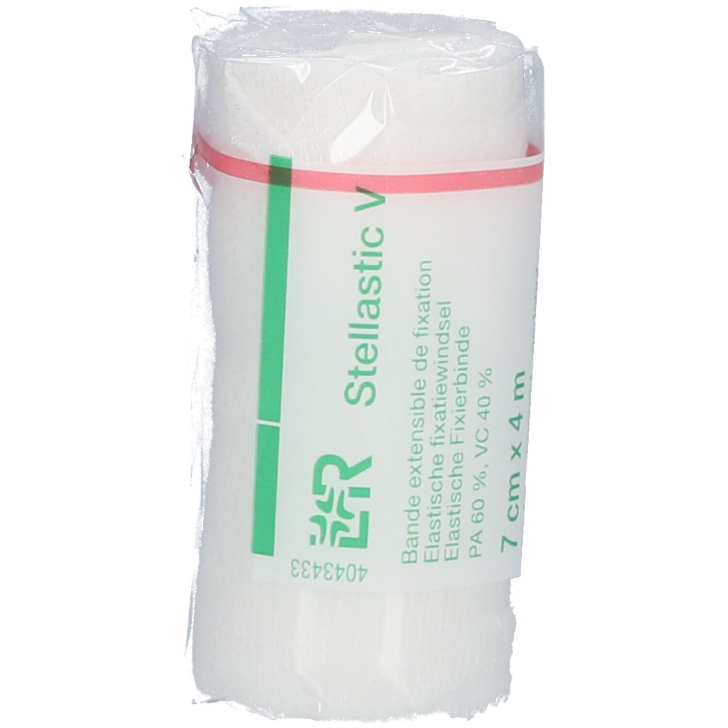 Elastisch fixatieverband, 7 cm x 4 m. Verpakt. Opschrift: Stellastic V, PA 60%, VC 40%.
