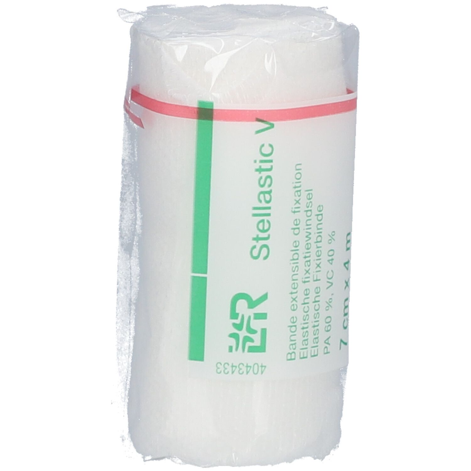 Elastisch fixatieverband, 7 cm x 4 m. Verpakt. Opschrift: Stellastic V, PA 60%, VC 40%.
