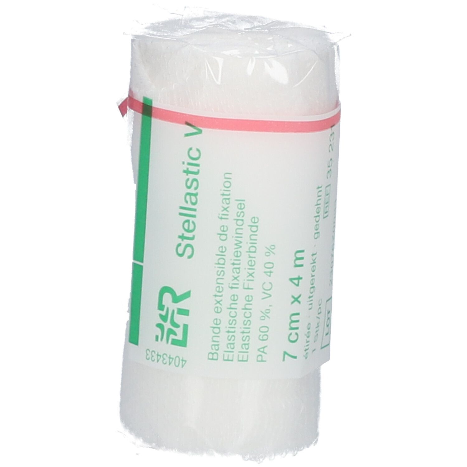 Elastisch fixatieverband, 7 cm x 4 m. Verpakt. Opschrift: Stellastic V, PA 60%, VC 40%.