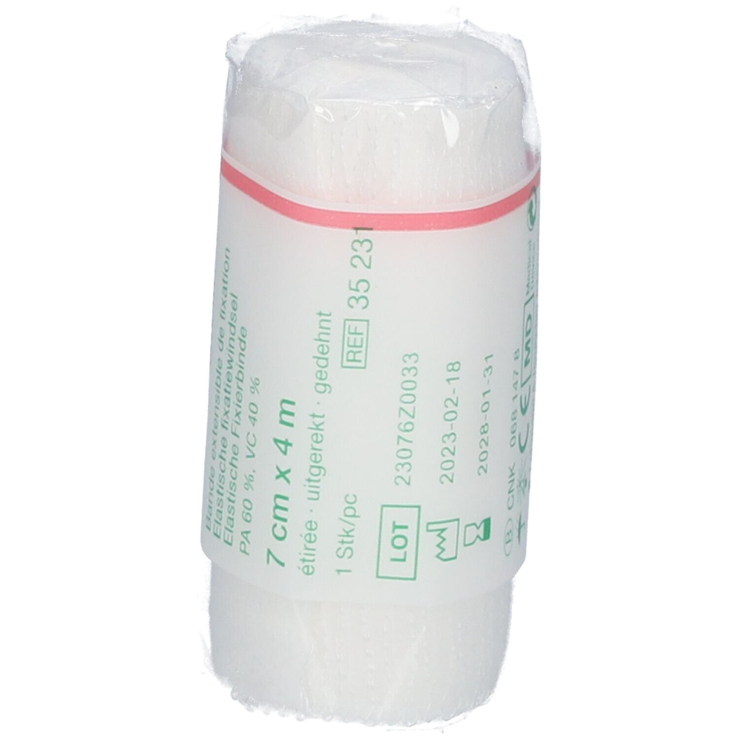 Elastisch fixatieverband, 7 cm x 4 m. Verpakt. Opschrift: Stellastic V, PA 60%, VC 40%. Lotnummer en vervaldatum.