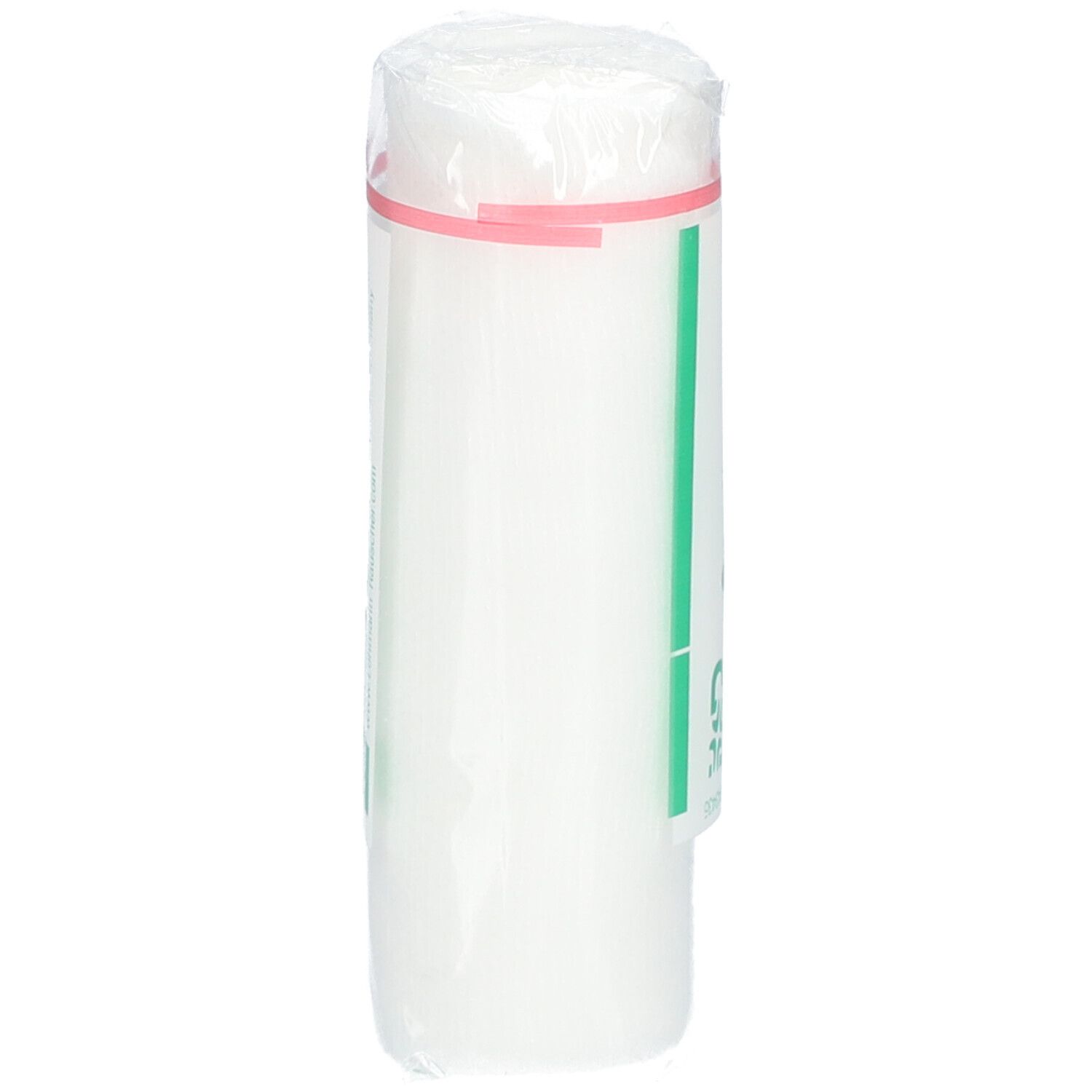 Rouleau de bandage blanc en film plastique. Bande élastique rose. Inscriptions vertes et blanches.