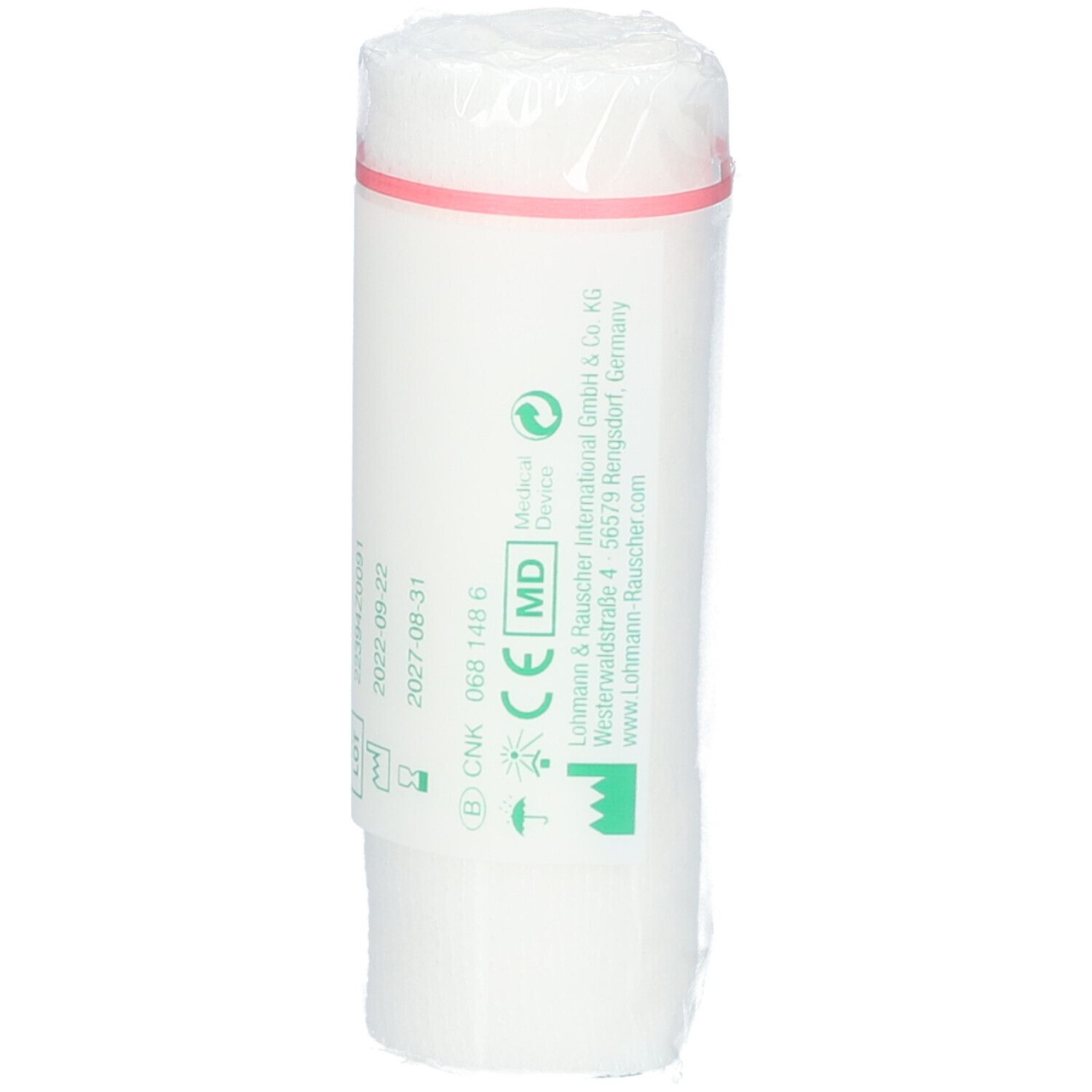 Bande blanche roulée, en film plastique. Inscriptions : marquage CE, Medical Device, adresse du fabricant, date de péremption.