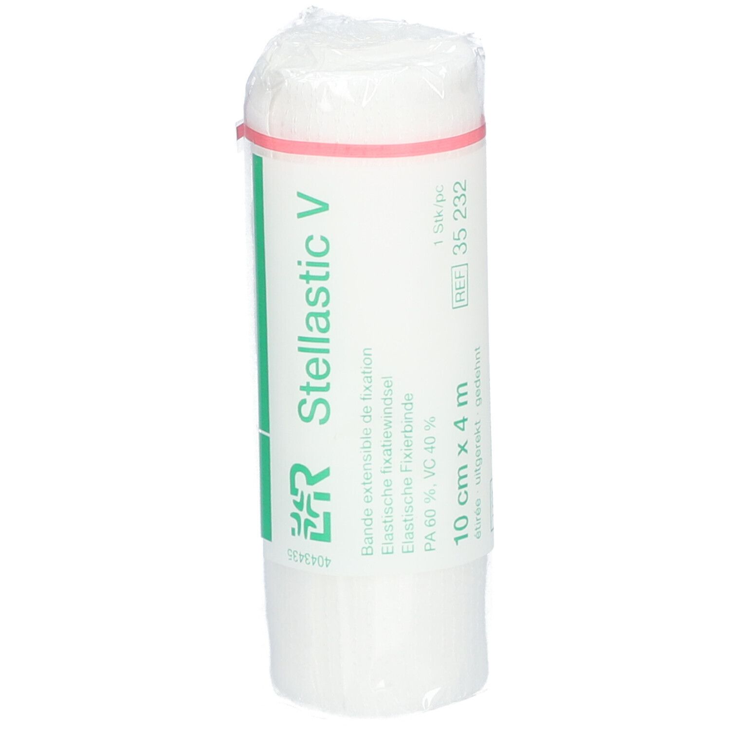 Bande blanche roulée, en film plastique. Inscription : Stellastic V, 10 cm x 4 m.