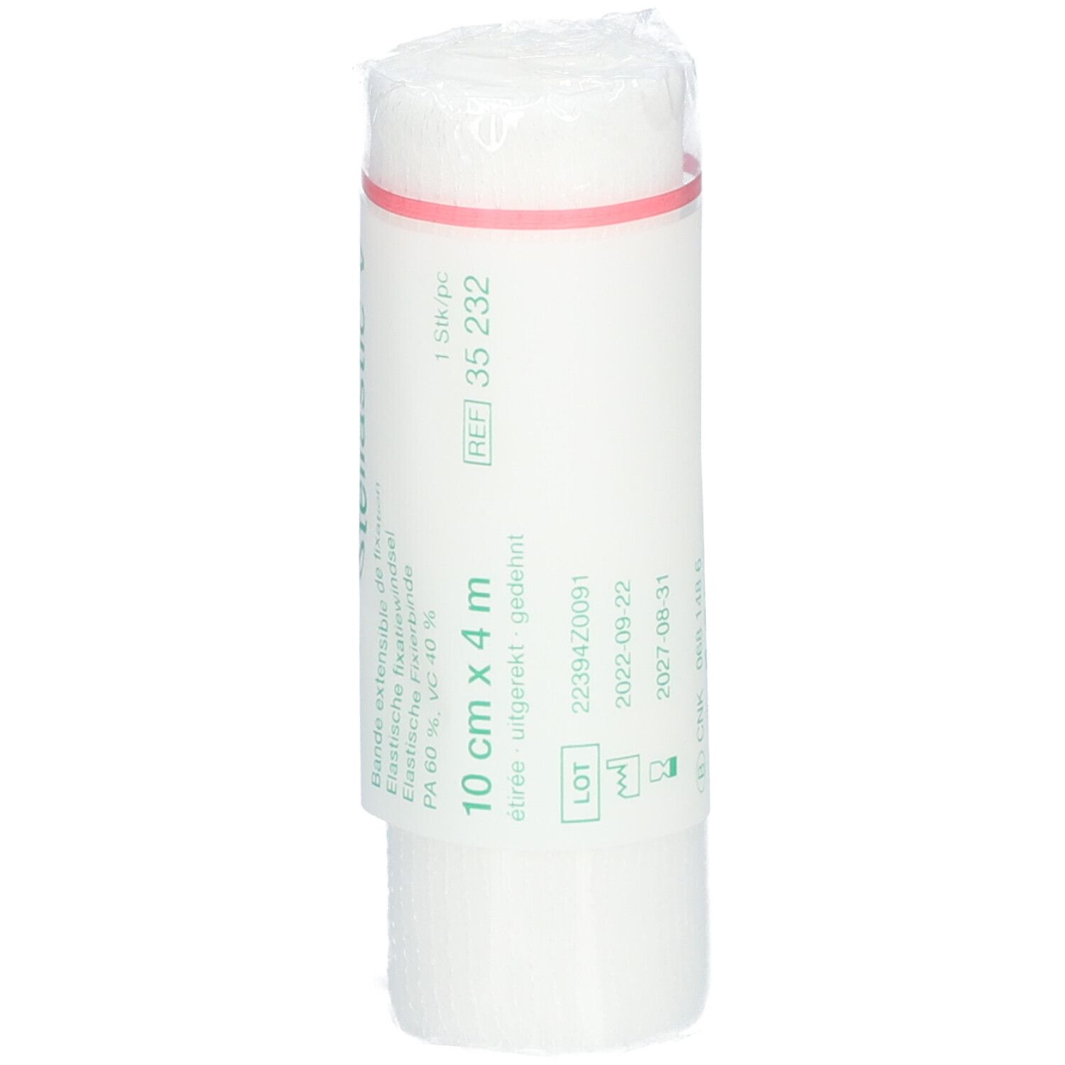 Bande blanche roulée, en film plastique. Inscription : 10 cm x 4 m, date de péremption, numéro de lot.