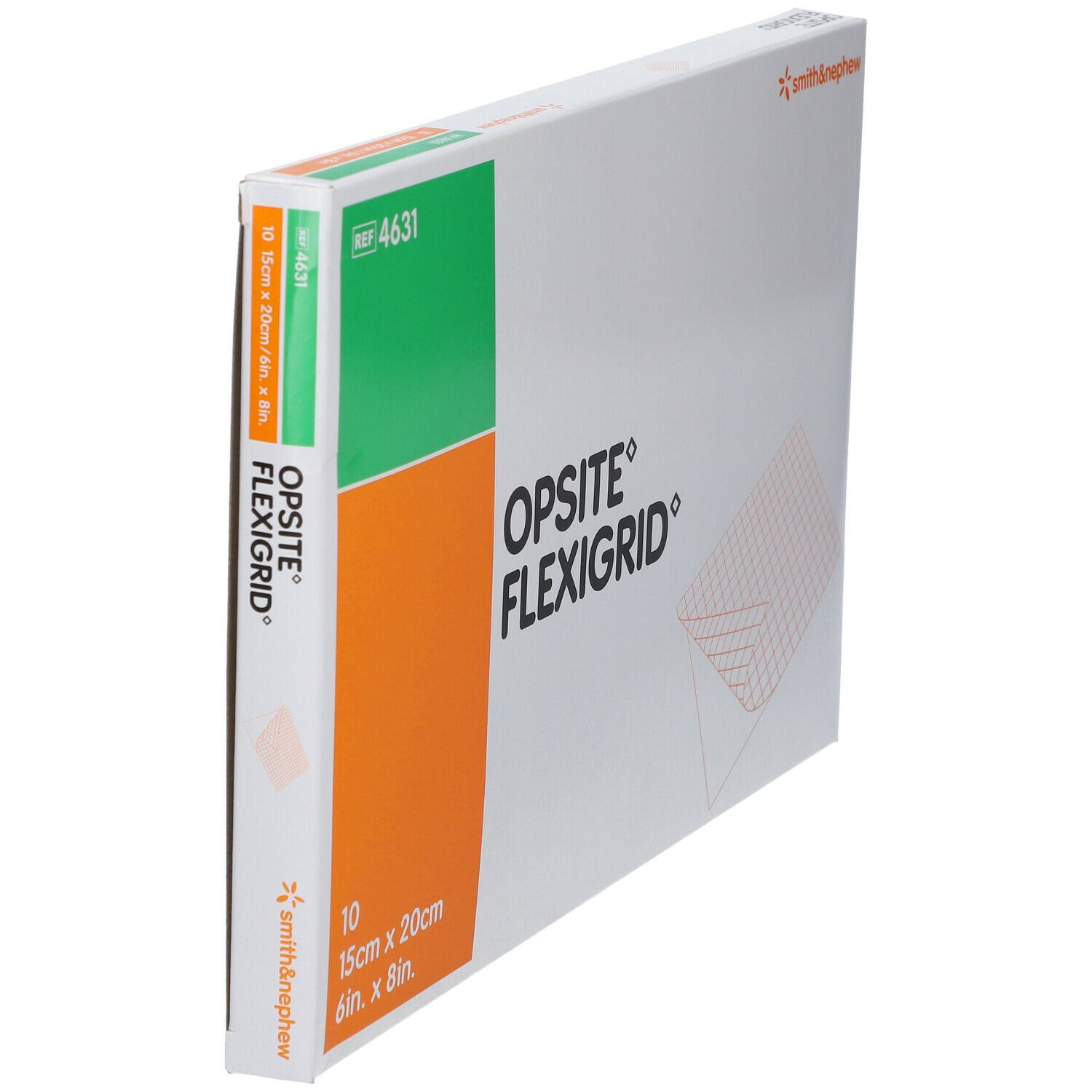 Seitenansicht der Verpackung von OPSITE FLEXIGRID. Marke Smith & Nephew. Grün, orange und weiß. Größe 15 x 20 cm.
