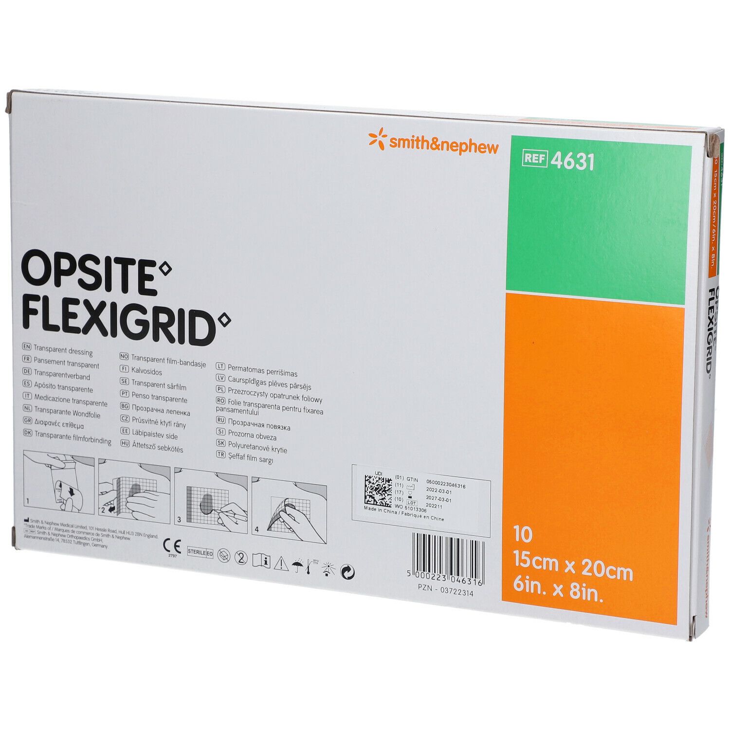 Rückseite der Verpackung von OPSITE FLEXIGRID. Marke Smith & Nephew. Enthält 10 Stück. Größe 15 x 20 cm. Mehrsprachige Texte.