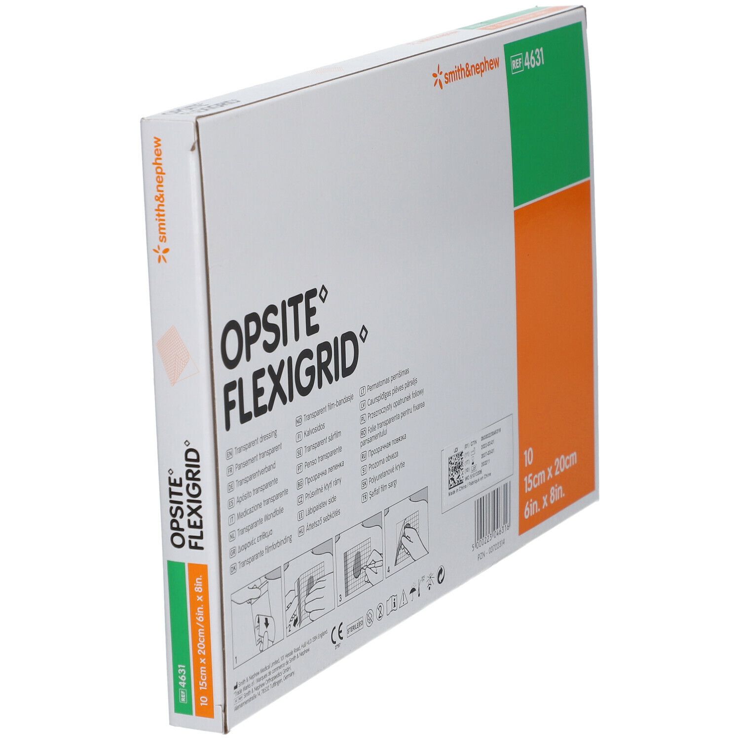 Verpackung von OPSITE FLEXIGRID. Marke Smith & Nephew. Grün, orange und weiß. Größe 15 x 20 cm. Enthält 10 Stück.