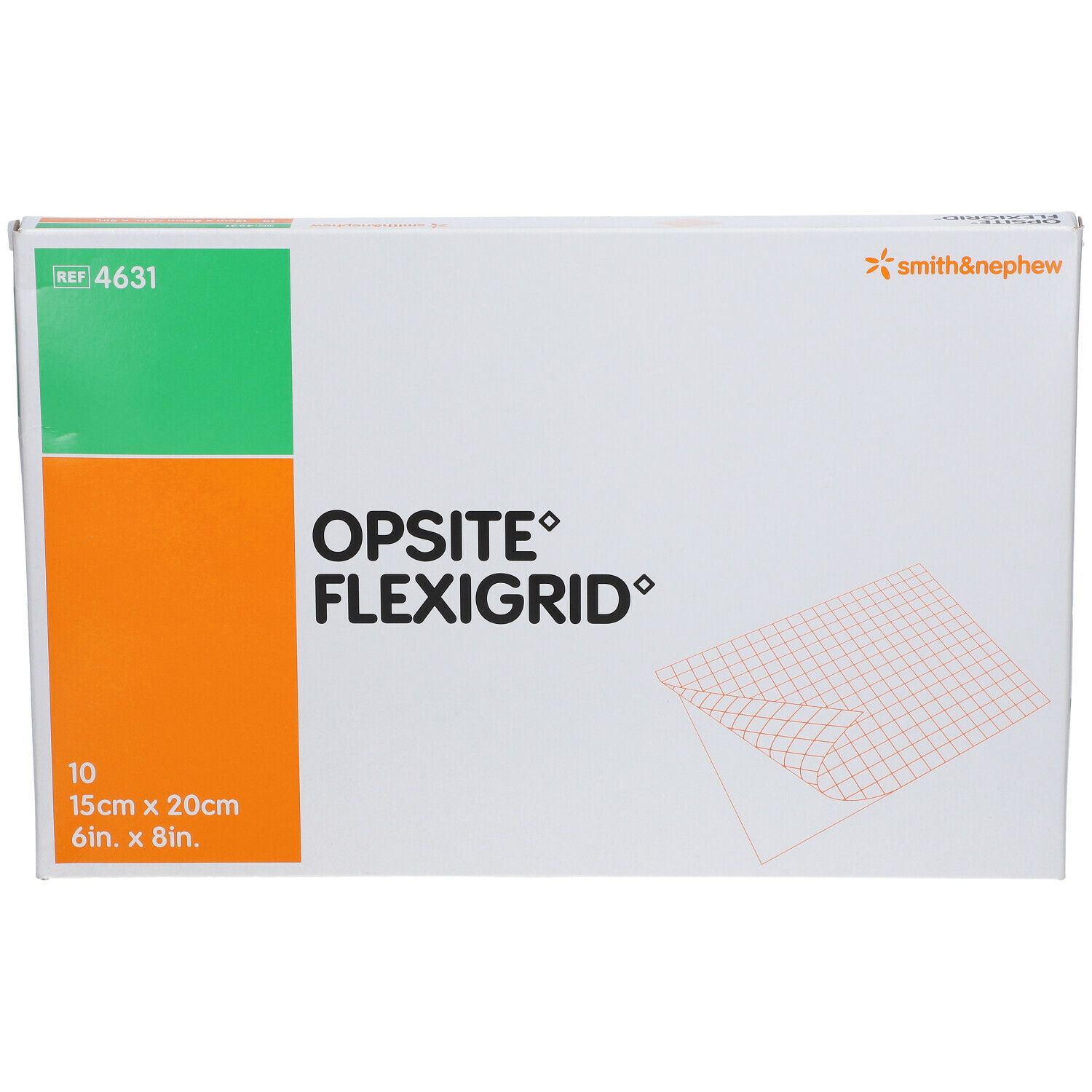 Verpackung von OPSITE FLEXIGRID, 15 x 20 cm. Enthält 10 Stück. Marke Smith & Nephew. Grün, orange und weiß.