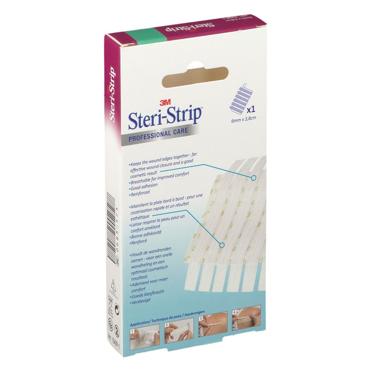 Verpackung von 3M Steri-Strip. Professionelle Pflege. Streifen, 6 mm x 3,8 cm. Illustrationen zur Anwendung.