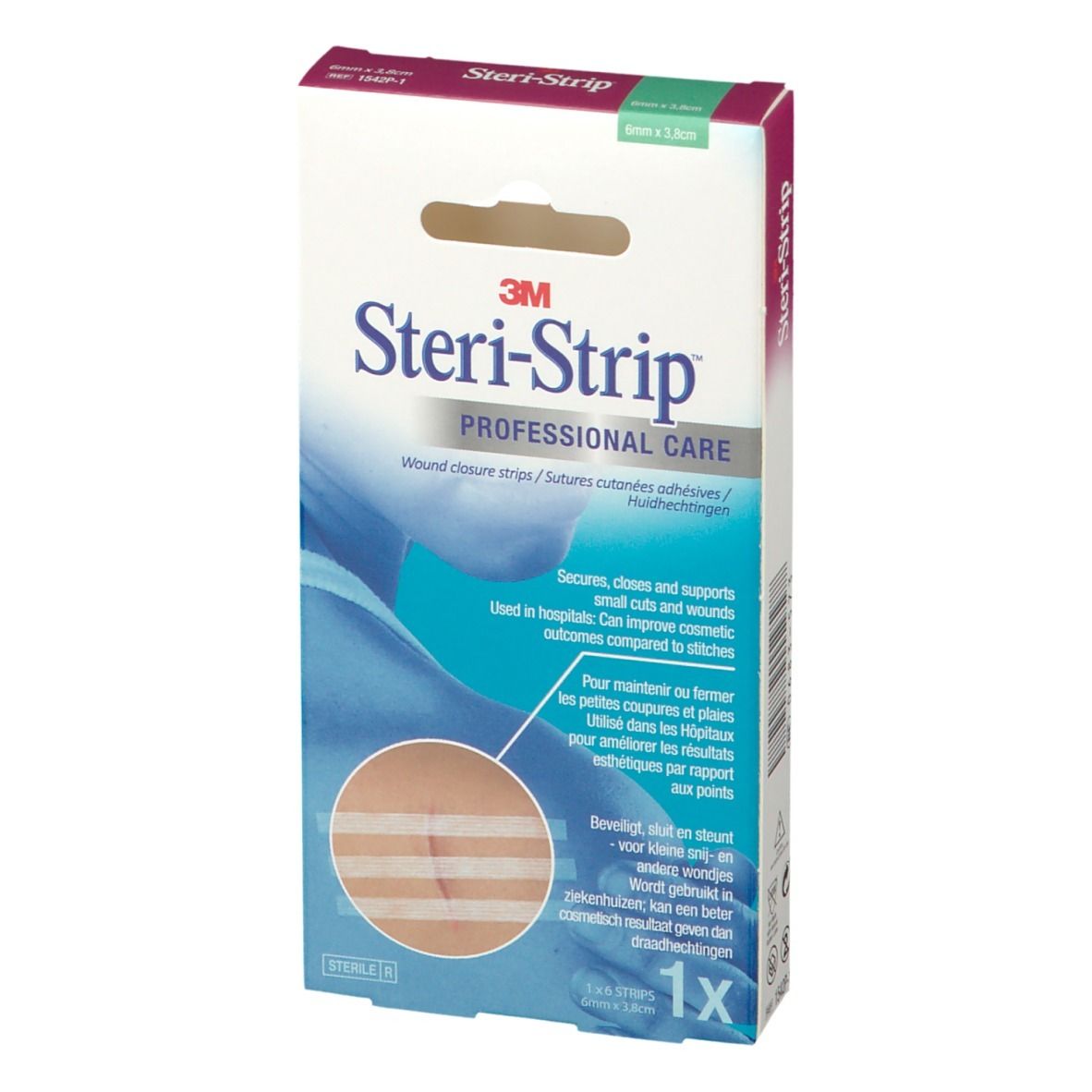 3M Steri-Strip Verpackung. Professionelle Pflege. Streifen, 6 mm x 3,8 cm. Illustration einer Wunde.