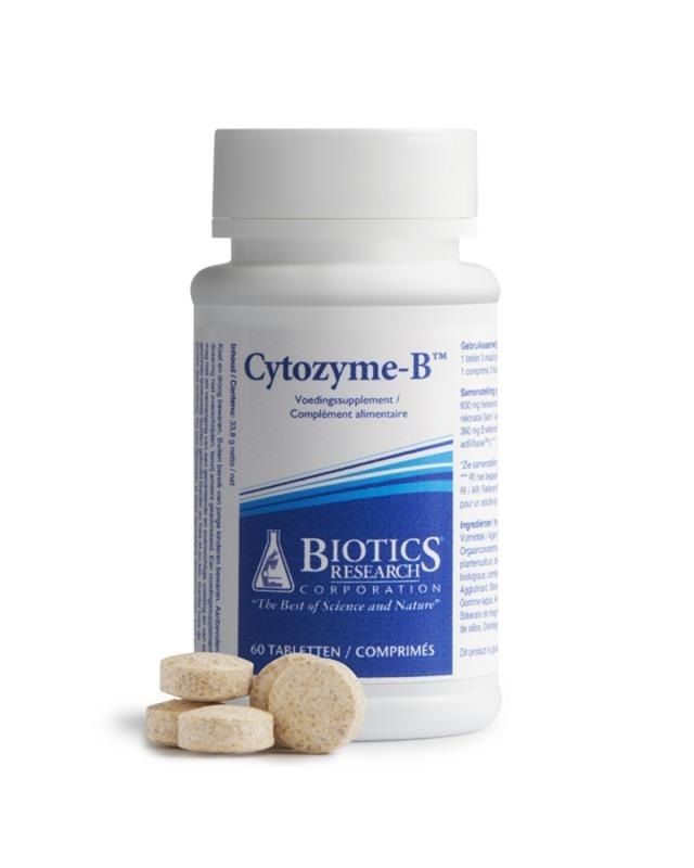 Flacon blanc de Cytozyme-B, 60 comprimés, Biotics Research. Quelques comprimés sont visibles à côté du flacon.