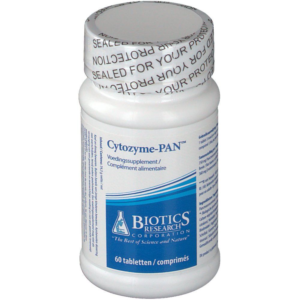 Flacon blanc avec étiquette Cytozyme-PAN. Contient 60 comprimés. Logo Biotics Research Corporation.