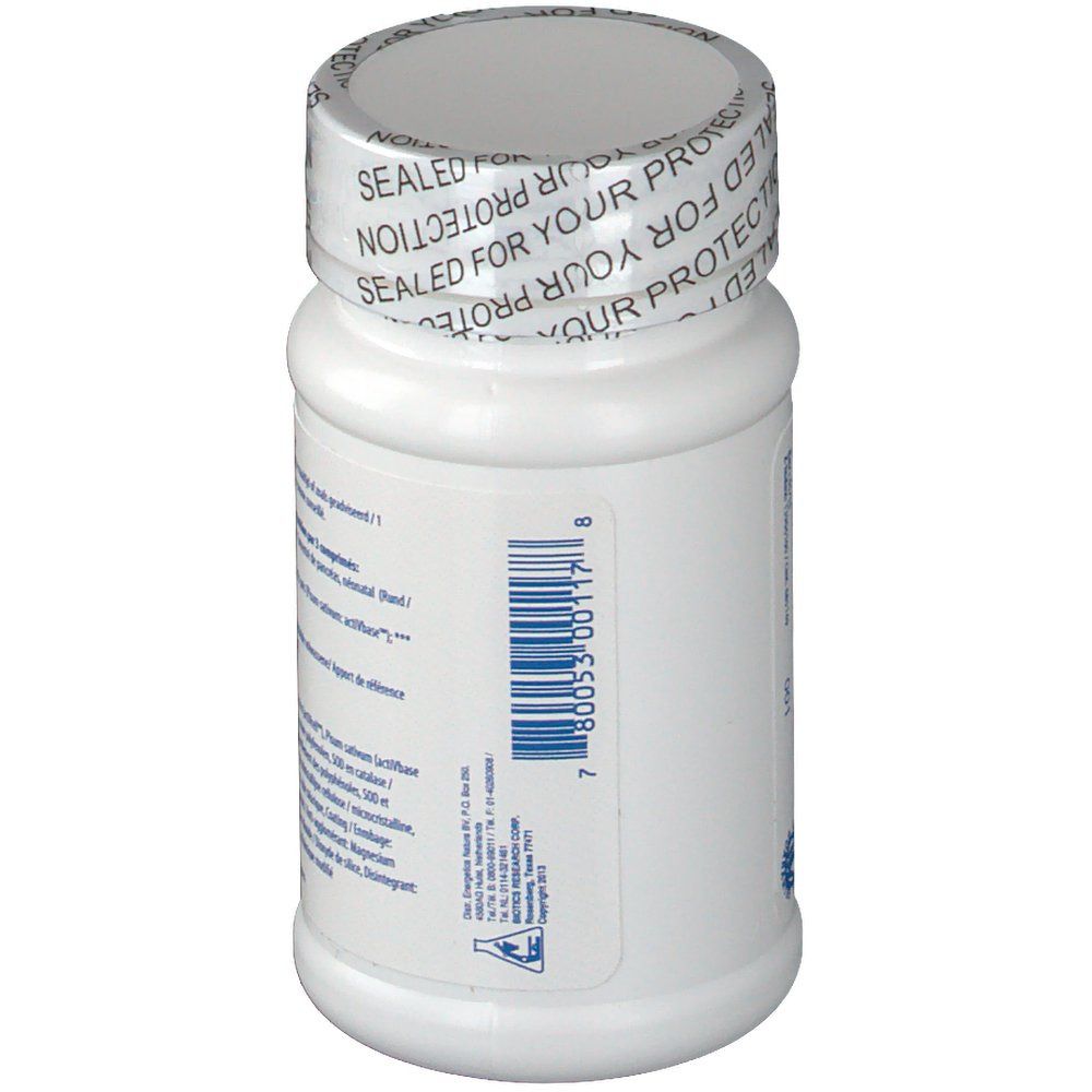 Vue latérale du flacon blanc. Code-barres et texte sur l'étiquette. Logo Biotics Research Corporation.