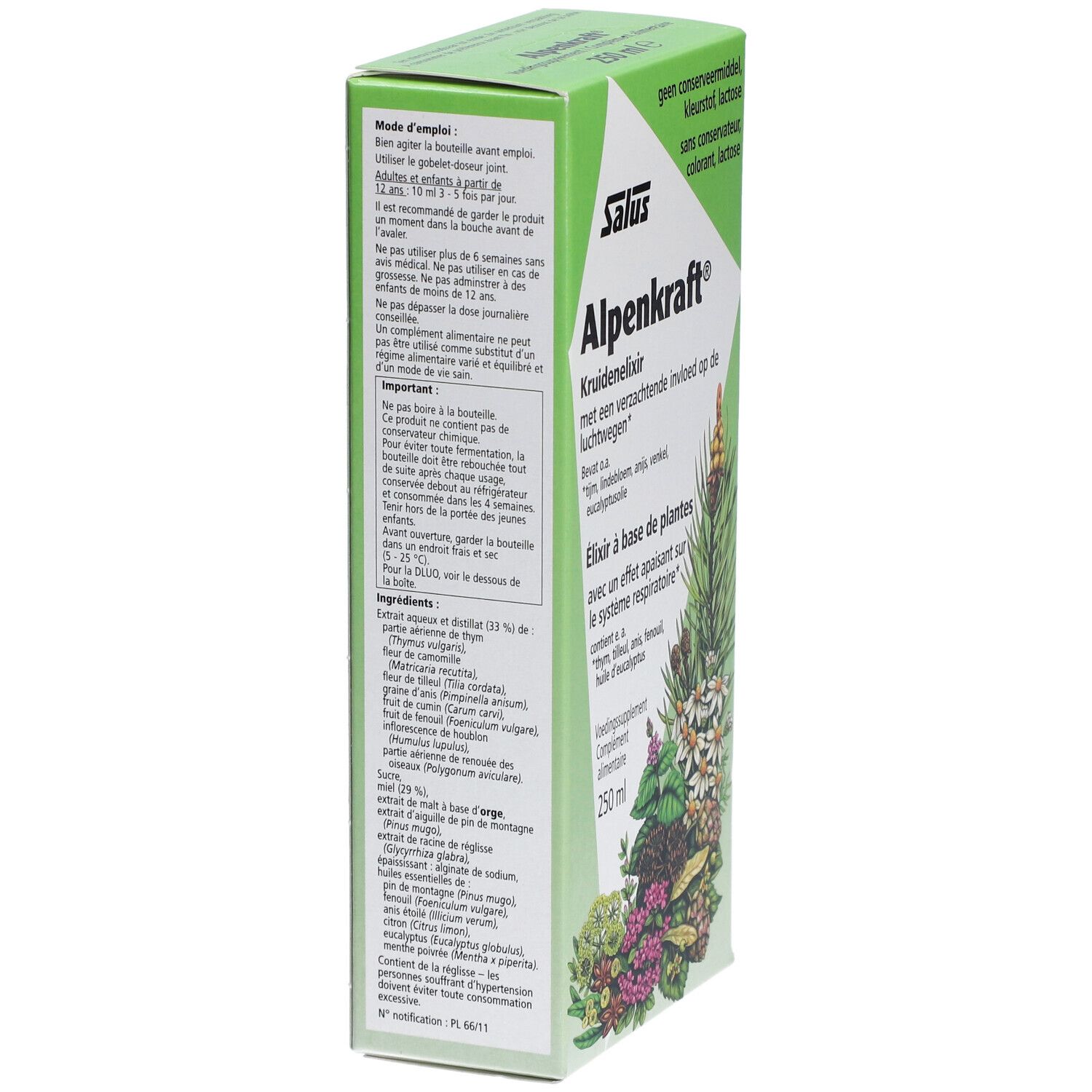 Zijaanzicht van de verpakking Salus® Alpenkraft® Kräuterelixir. Informatie en ingrediëntenlijst.