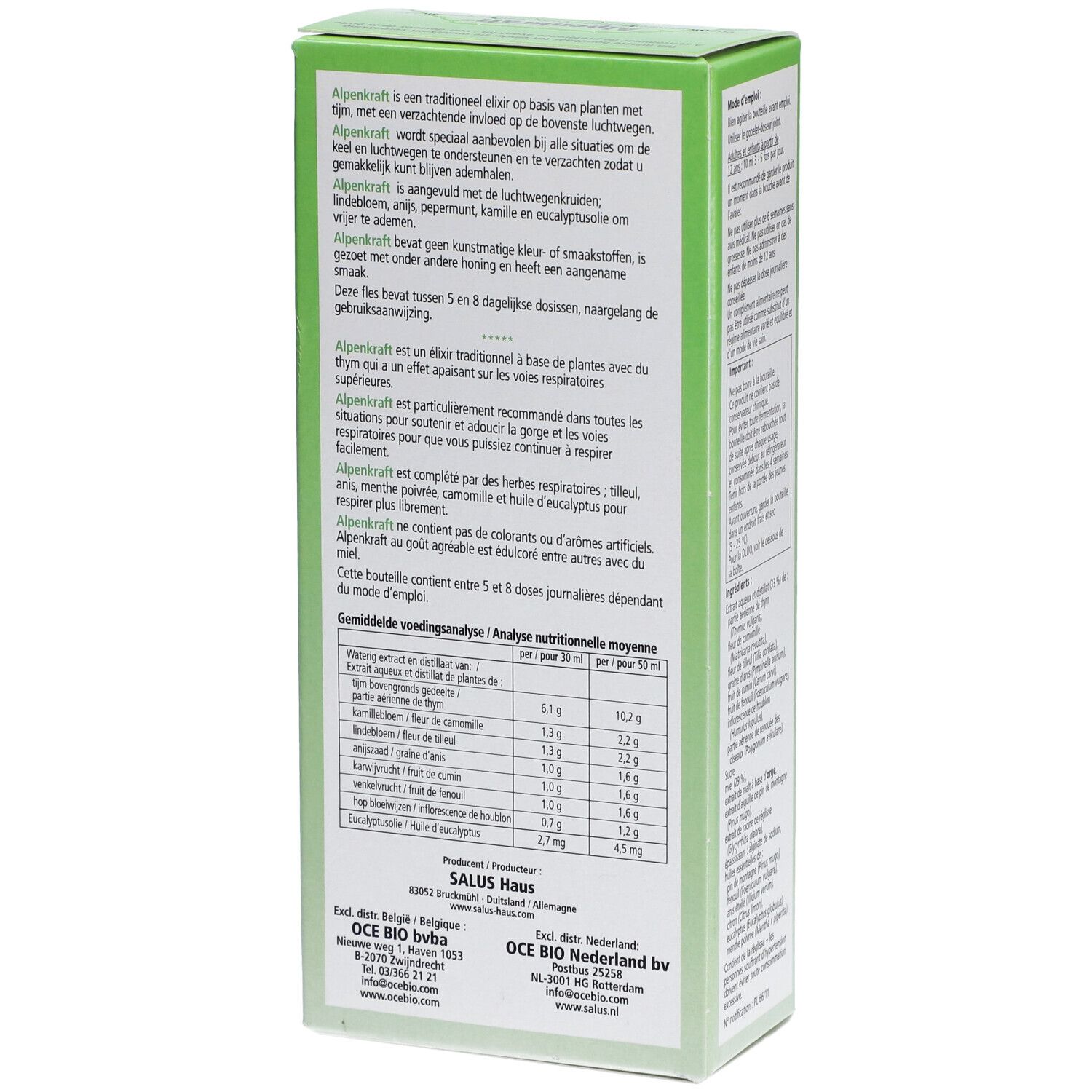 Achterkant van de verpakking Salus® Alpenkraft® Kräuterelixir. Productinformatie en voedingswaarden.