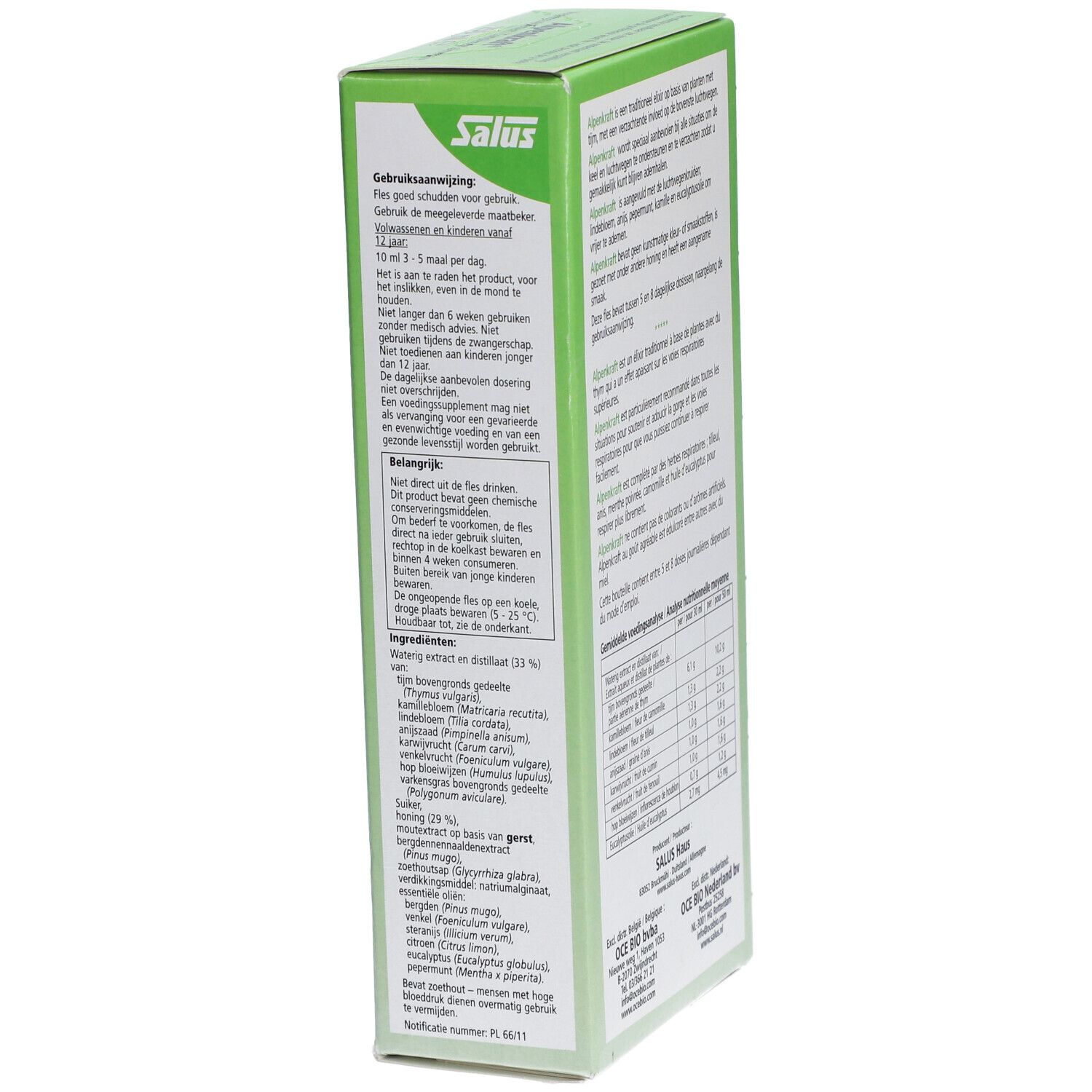 Verpakking Salus® Alpenkraft® Kräuterelixir. Schuin zijaanzicht met gebruiksaanwijzing.
