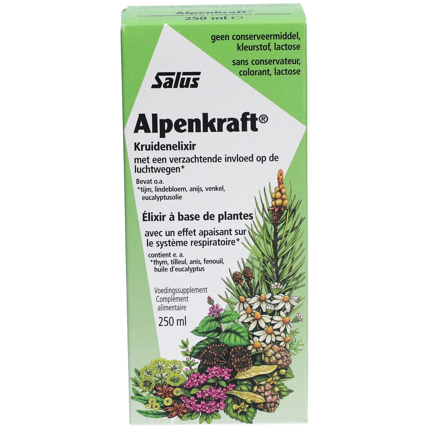 Groene verpakking Salus® Alpenkraft® Kräuterelixir. Vooraanzicht met productnaam en planten.