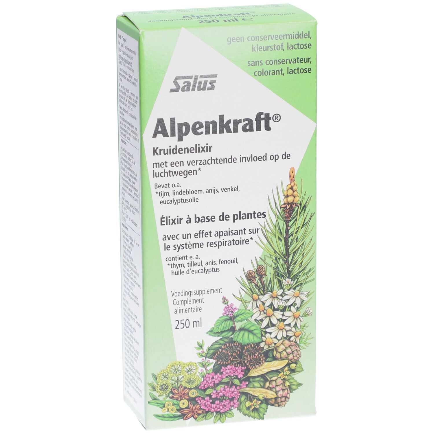 Groene verpakking Salus® Alpenkraft® Kräuterelixir. Vooraanzicht met productnaam en planten.