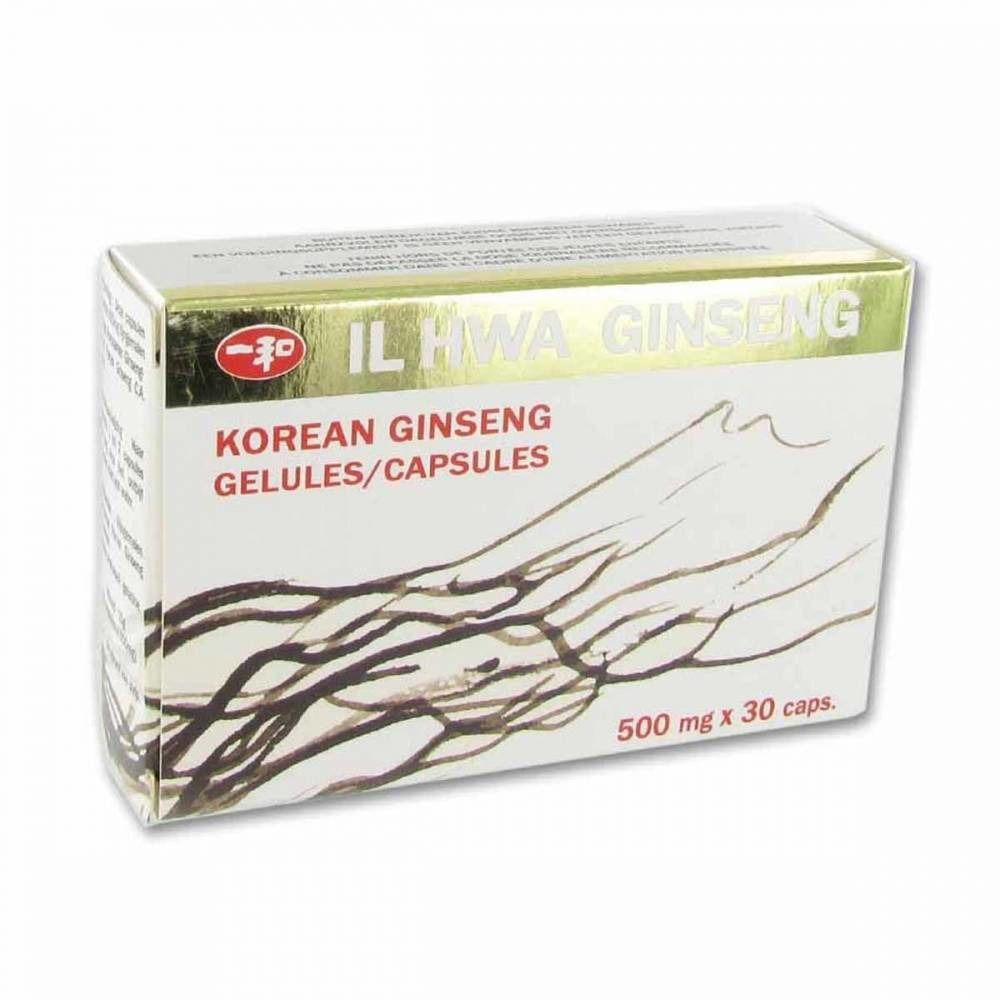 Boîte en carton "IL HWA GINSENG". Contient des gélules. Inscription "Korean Ginseng Gelules/Capsules". 500 mg x 30 caps.