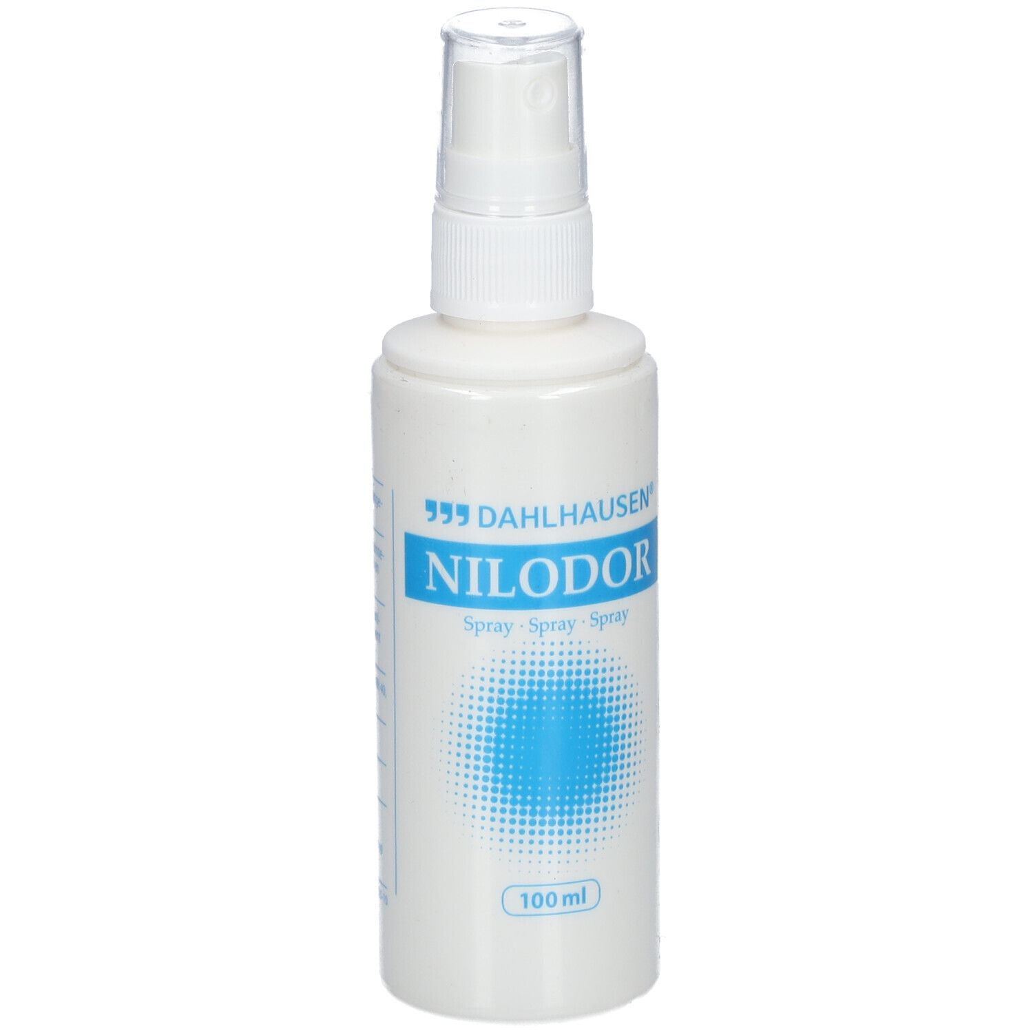 Flacon pulvérisateur blanc avec logo Nilodor bleu et tête de pulvérisation. "100 ml" en bas.