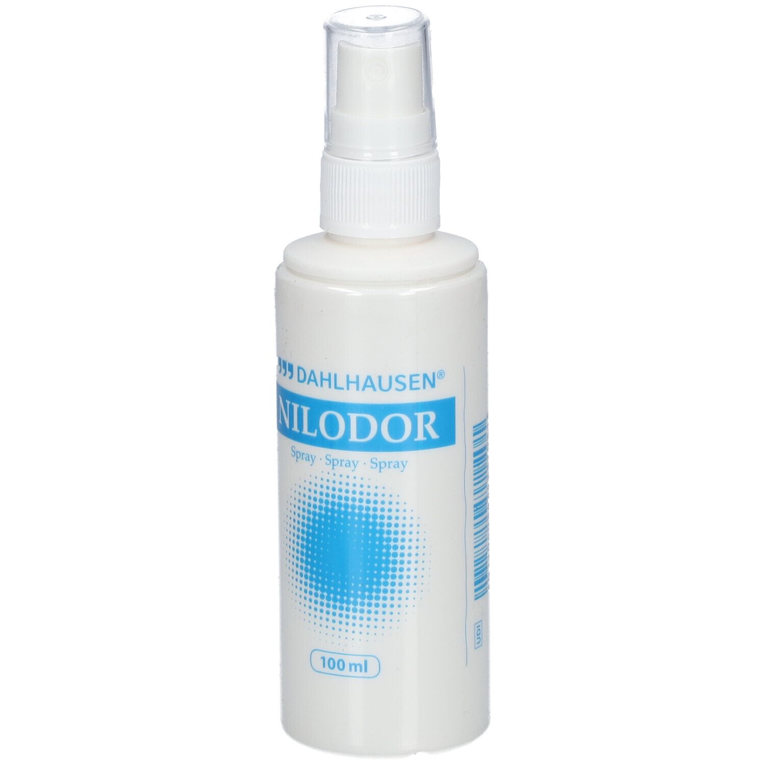 Flacon pulvérisateur blanc avec logo Nilodor bleu et tête de pulvérisation. "100 ml" en bas.