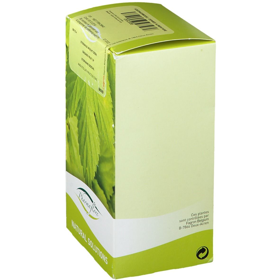 Groene doos, zijaanzicht. Opschrift: Pharmaflore, Natural Solutions. Tekst: Ces plantes sont contrôlées par Fagron Deux-Acre.