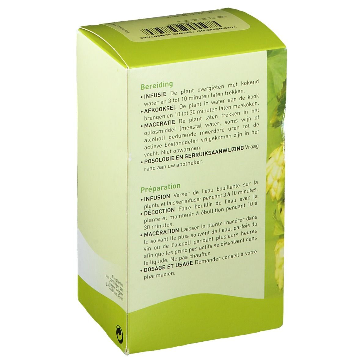 Groene doos, achterkant met tekst. Tekstsecties over bereidingswijzen: Infusion, Afkooksel, Maceratie.