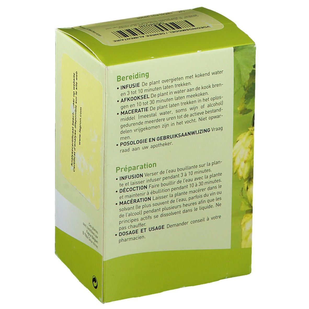 Boîte verte, dos avec instructions de préparation. Texte: Infusion, Macération, Posologie.