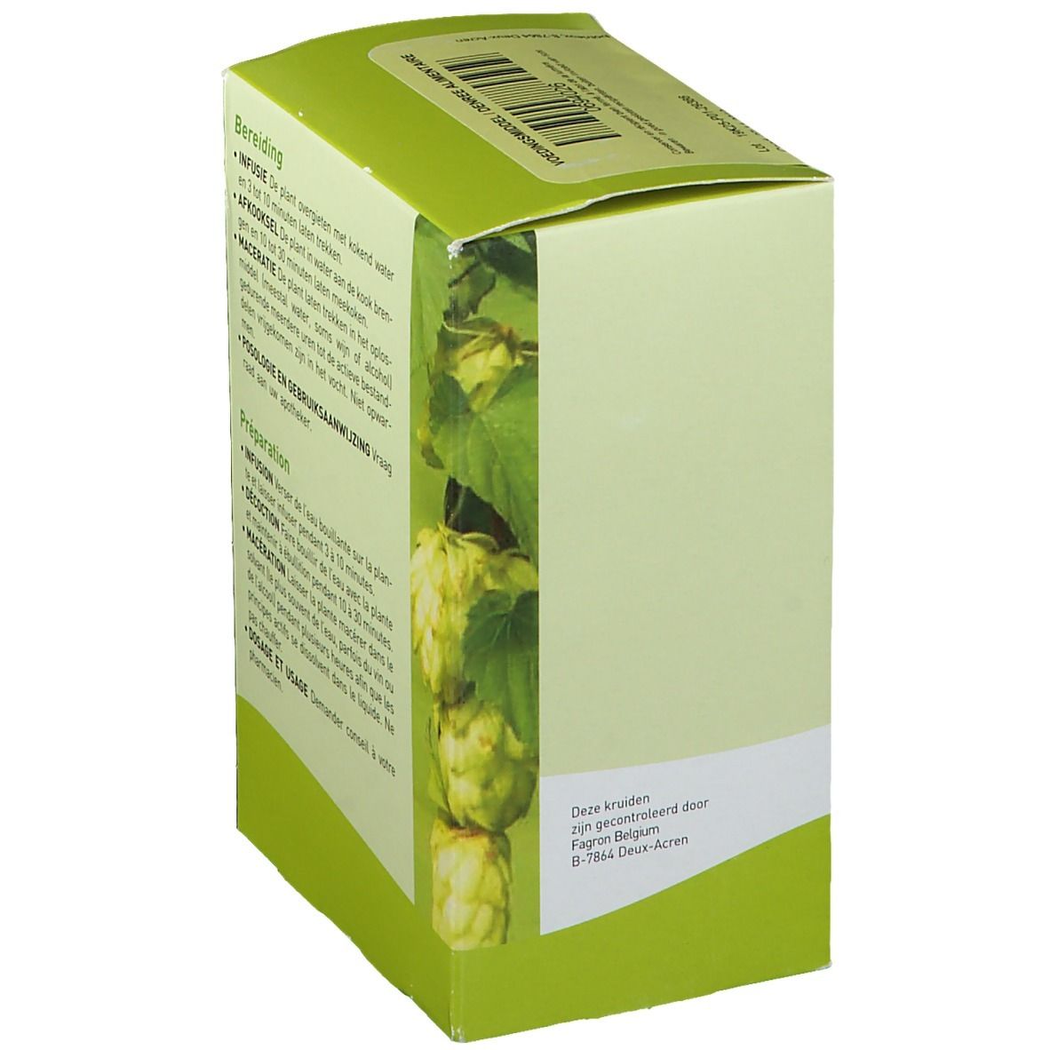 Boîte verte, vue latérale avec illustration de houblon. Texte: Fagron, B-7864 Deux-Acren.